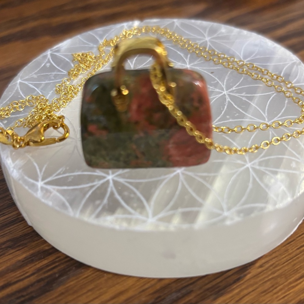 Brand New Real Unakite Purse on a gold Chain